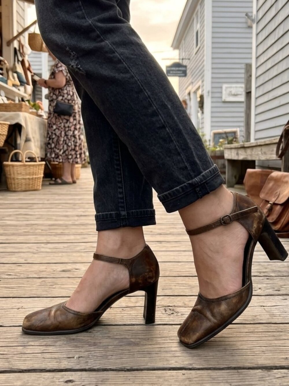 Vintage Pegabo Square Toe Brown Heel with Ankle Strap